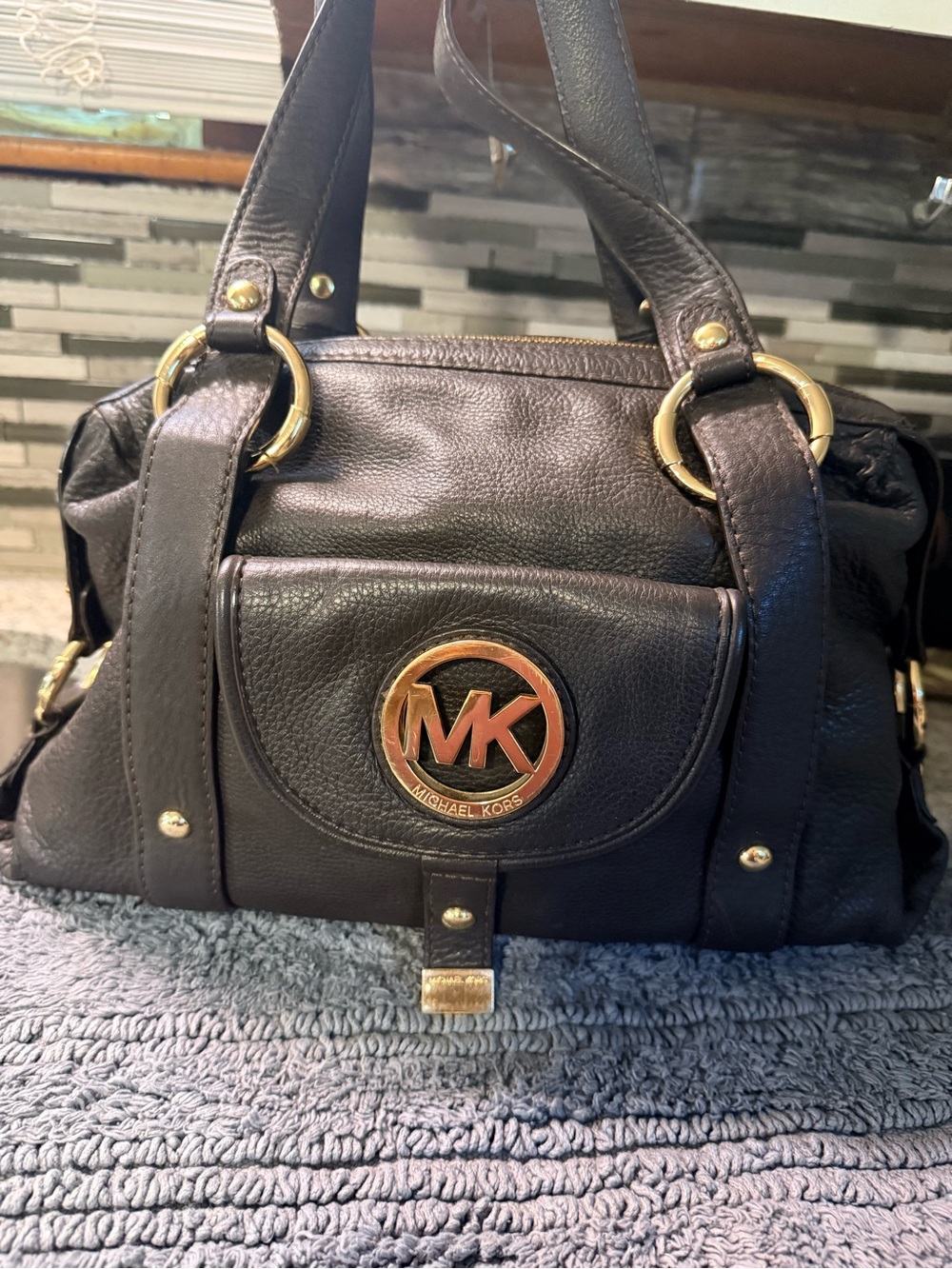 Michael Kors Black Leather Shoulder Bag with Gold Logo